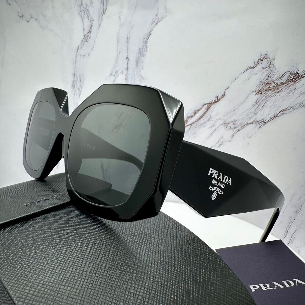 New PRADA Sunglasses Black Silver Symbole Logo Oversized Square Frame 54mm - Picture 7 of 16
